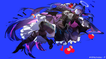 1girl absurdly_long_hair absurdres black_dress black_thighhighs demon_wings dress halo highres long_hair looking_at_viewer lying nicholas.f on_back panty_&amp;_stocking_with_garterbelt solo stocking_(psg) striped_clothes striped_thighhighs thighhighs very_long_hair wings