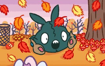 :o absurdres autumn autumn_leaves balm_mushroom commentary english_commentary falling_leaves full_body gen_5_pokemon highres katsumuri leaf mushroom nintendo no_humans open_mouth outdoors pokemon pokemon_(creature) pokemon_focus sharp_teeth solo teeth tiny_mushroom_(pokemon) trash_can tree trubbish upper_teeth_only