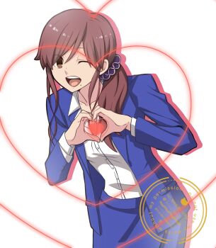 Rule 34 | blue jacket, blue skirt, breasts, brown eyes, brown hair, cowboy shot, heart, heart hands, highres, hirakawa, jacket, medium hair, mole, mole under mouth, noel (tsukihime), one eye closed, shirt, simple background, skirt, tsukihime, tsukihime (remake), white background, white shirt