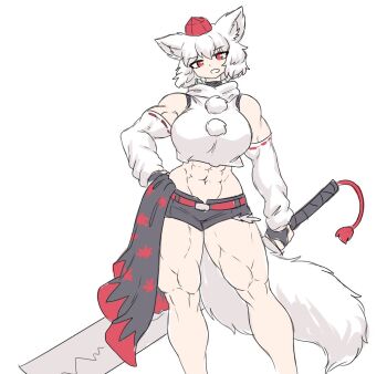 Rule 34 | 1girl, abs, animal ear fluff, animal ears, bare shoulders, belt, biceps, breasts, commentary, crop top, detached sleeves, english commentary, exposed pocket, feet out of frame, flat color, hand on own hip, hat, holding, holding sword, holding weapon, inubashiri momiji, kourindou tengu costume, large breasts, leaf, maple leaf, muscular, muscular female, navel, pom pom (clothes), red eyes, red hat, ribbon-trimmed sleeves, ribbon trim, sheepapp, short hair, short shorts, shorts, sleeveless, sleeveless turtleneck, solo, standing, sword, tail, thick thighs, thighs, tokin hat, touhou, turtleneck, weapon, white background, white hair, wolf ears, wolf girl, wolf tail