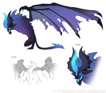 artist_name black_horns black_tail black_wings blue_eyes blue_horns blue_tail caesty commentary_request company_name copyright_notice dated_commentary dragon english_text from_behind from_side full_body glowing glowing_eyes glowing_horns gradient_horns gradient_tail horns korean_commentary korean_text monster monster_focus multicolored_horns multiple_views nexon no_pupils official_art open_mouth production_art purple_wings simple_background standing tales_weaver translation_request two-tone_horns two-tone_tail two-tone_wings watermark web_address white_background wings