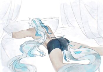 Rule 34 | 1boy, artist name, ass, back, blue hair, blue male underwear, boxer briefs, commentary, covered testicles, english commentary, genshin impact, highres, lying, male focus, male underwear, multicolored hair, neuvillette (genshin impact), on bed, on stomach, pillow, see-through tail, solo, streaked hair, thighs, two-tone hair, underwear, underwear only, white hair, yasonyanya