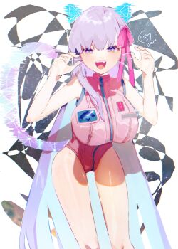 Rule 34 | 1girl, abstract background, animal ears, artist logo, bare shoulders, bb (fate), bb cosmo (fate), blue hair, bow, breasts, cat ears, cat tail, colored inner hair, commentary request, cowboy shot, fang, fate/grand order, fate (series), hair between eyes, hair bow, hands up, highleg, highleg leotard, highres, kemonomimi mode, large breasts, leotard, logo, long hair, looking at viewer, multicolored hair, open mouth, pink bow, pink leotard, purple eyes, purple hair, single sidelock, smile, solo, standing, star (symbol), tail, teeth, tongue, uka df, very long hair, zipper