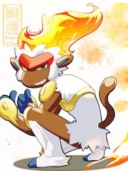 blue_eyes colored_sclera double_thumbs_up fiery_hair fire full_body gen_4_pokemon highres infernape looking_at_viewer monkey nintendo pokemon pokemon_(creature) simple_background solo squatting takeuchi_(a3) thumbs_up white_background yellow_sclera