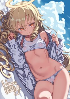 1girl angelia_avallone arcana_heart blonde_hair breasts cameltoe commentary_request covered_erect_nipples halo highres long_hair lying navel open_clothes paid_reward_available panties puddinghomhom shirt small_breasts smile solo underwear white_panties