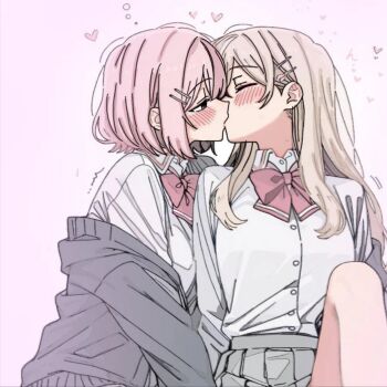 2girls amaori_renako blonde_hair grey_skirt highres kiss multiple_girls pink_hair school_uniform sena_ajisai shirt skirt source_request watashi_ga_koibito_ni_nareru_wake_naijan_murimuri! white_shirt