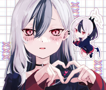 1girl alternate_hairstyle black_choker black_hair black_hoodie black_horns blue_archive blush chibi chibi_inset choker closed_mouth commentary_request demon_girl demon_horns demon_wings earclip embarrassed four-finger_heart_hands full_body furrowed_brow grey_halo hair_behind_ear hair_between_eyes hair_down halo hands_up heart heart_hands heart_in_heart_hands highres hood hood_down hoodie horns kayoko_(blue_archive) kisaka long_hair long_sleeves looking_at_viewer low_wings miniskirt multicolored_hair open_mouth outline plaid_background pleated_skirt ponytail portrait red_eyes red_skirt sidelocks simple_background single_wing skirt sleeves_past_wrists slit_pupils two-tone_hair white_background white_hair white_outline wings