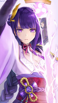 arm_up armor artist_name blunt_bangs braid breasts cleavage close-up closed_mouth collarbone commentary electricity english_commentary expressionless flower flower_ornament genshin_impact glowing glowing_sword glowing_weapon gradient_background hair_ornament highres holding holding_sword holding_weapon japanese_clothes katana keanu-type0 kimono large_breasts long_braid long_hair looking_at_viewer looking_to_the_side makoto_(genshin_impact) mole mole_under_eye multicolored_eyes multicolored_hair musou_isshin_(genshin_impact) neck_ribbon off_shoulder parted_lips purple_background purple_eyes purple_flower purple_hair purple_kimono raiden_shogun red_ribbon red_sash reflection ribbon sash shade shoulder_armor siblings simple_background single_braid sisters solo_focus standing streaked_hair sword twins upper_body weapon wide_sleeves