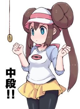 1girl aqua_eyes black_pantyhose breasts bright_pupils brown_hair clenched_hand closed_mouth commentary_request cowboy_shot double_bun hair_bun hands_up highres kutabireta_neko long_hair nintendo pantyhose pendulum pokemon pokemon_bw2 raglan_sleeves rosa_(pokemon) shirt shorts simple_background solo string translation_request twintails visor_cap w_arms white_background white_pupils yellow_shorts