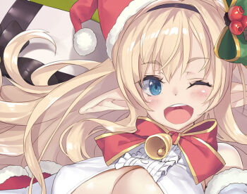 1girl :d aqua_eyes bell black_hairband blonde_hair blush bow bowtie breasts christmas cleavage_cutout clothing_cutout commentary_request covered_erect_nipples detached_sleeves elf fur-trimmed_headwear fur_trim green_ribbon hair_between_eyes hair_ornament hair_ribbon hairband hat large_breasts long_hair long_sidelocks looking_at_viewer neck_bell one_eye_closed open_mouth original pointy_ears red_bow red_hat ribbon santa_costume santa_hat shirt sidelocks sleeveless sleeveless_shirt smile teeth tsurusaki_takahiro upper_body upper_teeth_only white_shirt