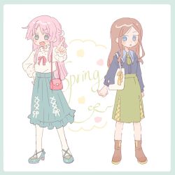 Rule 34 | 2girls, artist request, bag, bang dream!, bang dream! it&#039;s mygo!!!!!, blue eyes, blue footwear, blue shirt, blue skirt, blush, border, brown footwear, brown hair, chihaya anon, commentary, commission, fang, full body, green border, green necktie, green skirt, grey eyes, hand on own hip, highres, long hair, long sleeves, multiple girls, nagasaki soyo, necktie, open mouth, pink hair, pointing, pointing at viewer, red bag, second-party source, shirt, shoulder bag, sidelocks, skirt, white background, white bag, white shirt