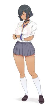 1girl absurdres aqua_nails arm_support black_choker black_nails breasts button_gap choker dark-skinned_female dark_skin ear_piercing highres kneehighs large_breasts loafers looking_at_viewer miniskirt necktie nickh4410 one_eye_closed original piercing school_uniform shoes short_hair side-tie_peek skirt socks solo standing tan thighs white_background