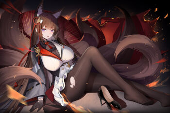1girl absurdres amagi_(azur_lane) amagi_(cv)_(azur_lane) animal_ears azur_lane black_gloves black_pantyhose breasts brown_hair commentary_request eyeliner fangfangtu feet fox_ears fox_girl fox_tail gloves high_heels highres hikimayu kitsune kyuubi large_breasts long_hair looking_at_viewer makeup military_uniform multiple_tails pantyhose purple_eyes red_eyeliner sakura_empire_(emblem) sitting solo tail toes torn_clothes torn_pantyhose unworn_footwear very_long_hair