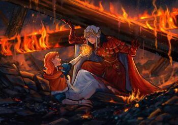 Rule 34 | 2girls, angry, annette fantine dominic, annette fantine dominic (timeskip), blue eyes, breasts, burning, cape, commentary, dress, edelgard von hresvelg, edelgard von hresvelg (timeskip), english commentary, fire, fire emblem, fire emblem: three houses, fur trim, gloves, highres, horns, long hair, long sleeves, looking at another, lying, magic, medium breasts, multiple girls, night, nintendo, on back, orange hair, outdoors, purple eyes, red gloves, ruins, sethkiel, smile, white gloves, white hair