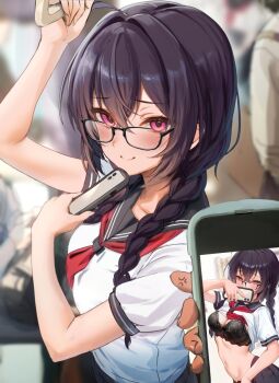 ahoge arm_up black-framed_eyewear black_bra black_hair black_sailor_collar blush bra braid breasts cellphone cleavage closed_mouth covering_face full-length_mirror glasses hair_between_eyes highres holding holding_phone lace lace-trimmed_bra lace_trim long_hair looking_at_viewer medium_breasts megane-chan_(yufou) mirror mirror_selfie navel neckerchief open_clothes open_skirt original panties phone phone_over_face pink_eyes red_neckerchief reflection reflection_focus sailor_collar school_uniform selfie serafuku shirt short_sleeves skirt smartphone smile stomach subway taking_picture train_interior twin_braids underwear white_shirt yufou