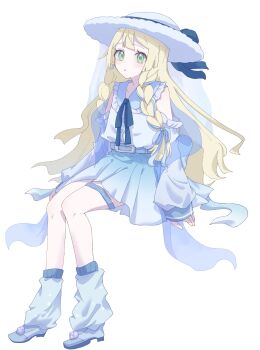 Rule 34 | 1girl, belt, blonde hair, blue ribbon, blue socks, blush, braid, dress, green eyes, hat, highres, lillie (pokemon), long hair, nintendo, open mouth, pokemon, pokemon sm, ribbon, seiun (hoshigumo 72), sleeveless, sleeveless dress, socks, solo, twin braids, white background, white dress, white hat