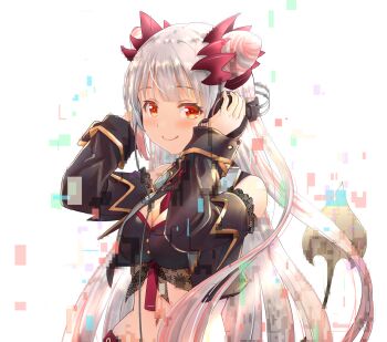 1girl bare_shoulders belt between_breasts black_shirt black_sleeves black_vest blush breasts cleavage cleavage_cutout closed_mouth clothing_cutout collared_shirt commentary_request cone_hair_bun crop_top cropped_vest curled_horns demon_girl demon_horns demon_tail detached_sleeves digital_dissolve double_bun gradient_hair grey_hair hair_bun hands_on_headphones haniwa_(leaf_garden) headgear headphones highres horns indie_virtual_youtuber long_hair medium_breasts midriff multicolored_hair navel necktie necktie_between_breasts open_clothes open_vest orange_eyes pink_hair pink_streaks pointy_ears red_belt red_horns red_necktie shirt side_up_bun simple_background sleeveless sleeveless_shirt smile solo spiked_horns streaked_hair suou_patra suou_patra_(1st_costume) tail upper_body very_long_hair vest virtual_youtuber