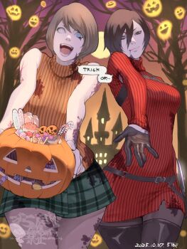 2girls 5tatsu ada_wong ashley_graham blonde_hair blood blush bob_cut breasts candy food gloves green_skirt halloween highres large_breasts looking_at_viewer moon multiple_girls open_mouth resident_evil resident_evil_4 resident_evil_4_(remake) shirt short_hair skirt sleeveless sleeveless_turtleneck smile sweater turtleneck zombie