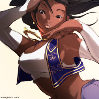 Rule 34 | 1girl, arabian clothes, arika, black hair, breasts, bridal gauntlets, capcom, cleavage, crop top, dark-skinned female, dark skin, earrings, elbow gloves, falcoon, female focus, gloves, jewelry, large breasts, lips, long hair, midriff, necklace, ponytail, pullum purna, solo, street fighter, street fighter ex (series), vest, watermark, web address, white gloves