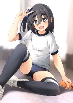 1girl absurdres amamiya black_hair black_thighhighs blue_eyes buruma commentary_request commission gym_shirt gym_uniform highres mono_(afro) one_side_up open_mouth phone pixiv_commission shibacha shirt shoes sitting smile solo thighhighs v white_shirt