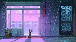 animated black_cat cat looping_animation mogumo night no_humans original pixel_art plant potted_plant rain tagme video washing_machine