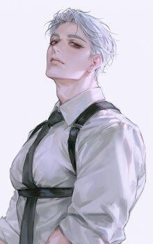 Rule 34 | 1boy, adam's apple, black necktie, character request, check character, check copyright, chest strap, closed mouth, collared shirt, commentary request, copyright request, covered pectorals, gwechul, highres, korean commentary, lee jaheon, lips, looking at viewer, male focus, necktie, nose, pectorals, red eyes, shirt, short hair, sleeves rolled up, solo, upper body, white hair, white shirt, zero q 0q