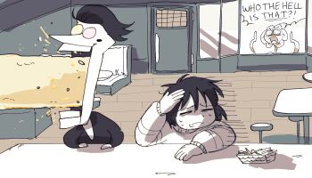 1other 2boys absurdres averting_eyes child closed_mouth commentary covering_face deltarune disgust eating english_commentary english_text flower flowey_(undertale) food french_fries frisk_(undertale) glasses highres kira_(marshukitty) looking_inside messy_hair monochrome multiple_boys oversized_food oversized_object sepia shouting spamton_g._spamton striped_clothes striped_sweater sweatdrop sweater table undertale utdr_(toby_fox)