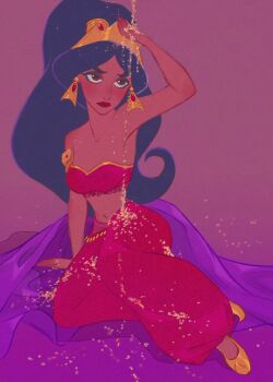 1girl aladdin_(movie) baggy_pants bare_shoulders black_hair breasts brown_eyes closed_mouth collarbone dark-skinned_female dark_skin earrings furrowed_brow gem gold_earrings gold_shoes gold_trim harem_outfit harem_pants highres jasmine_(disney) jewelry light_blush long_hair medium_breasts midriff navel official_alternate_costume pants parted_bangs ponytail red_gemstone red_lips red_pants red_shirt ri_ri_ri2 sand shirt shoes sitting snake_armlet solo strapless tan tiara tube_top