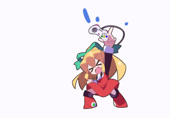 >_< 1girl aiming_up arm_up blonde_hair boots chibi closed_eyes commentary_request controller dress full_body green_ribbon hair_ribbon high_ponytail holding holding_controller kaidou_zx long_hair mega_man:_powered_up mega_man_(classic) mega_man_(series) open_mouth outline ponytail red_boots red_dress red_outline ribbon roll_(mega_man) simple_background solo standing weapon white_background