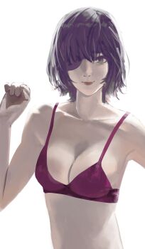 1girl absurdres bra breasts chainsaw_man closed_mouth eyepatch grey_eyes havoconelust highres himeno_(chainsaw_man) looking_at_viewer medium_breasts medium_hair purple_bra purple_hair simple_background solo underwear white_background