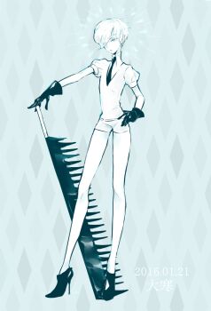 Rule 34 | 1other, androgynous, ankle boots, antarcticite, argyle background, bare legs, black boots, black gloves, black necktie, blue background, boots, cojima, colored skin, commentary request, full body, gem uniform (houseki no kuni), gloves, glowing, glowing hair, hand on own hip, hand up, high heel boots, high heels, holding saw, houseki no kuni, looking to the side, necktie, other focus, puffy short sleeves, puffy sleeves, saw, short hair, short sleeves, shorts, solo, stiletto heels, vest, weapon, white eyes, white hair, white shorts, white skin, white theme, white vest
