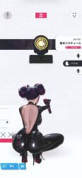1girl animated arms_under_breasts ass ass_shake backless_bodysuit backless_outfit black_bodysuit black_hair bodysuit bouncing_ass bouncing_breasts breasts breasts_squeezed_together cleavage crossed_arms curvy double_bun dual_wielding eye_mask finger_on_trigger full_body gem gloves goddess_of_victory:_nikke grin gun hair_bun high_collar high_heels highres holding holding_gun holding_weapon huge_ass huge_breasts jewelry latex latex_bodysuit latex_gloves looking_to_the_side machine_gun mask multicolored_hair navel necklace official_art open_bodysuit open_clothes quency_(escape_queen)_(nikke) quency_(nikke) red_eyes red_gemstone shiny_clothes shiny_skin smile solo sound squatting strap streaked_hair submachine_gun suppressor tagme unzipped video weapon white_background wide_hips zipper zipper_pull_tab