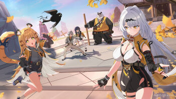 Rule 34 | 2boys, 3girls, absurdres, animal ears, belle (delicate sunlight) (zenless zone zero), belle (zenless zone zero), bird, black bird, black gloves, blonde hair, blue hair, bracelet, breasts, brother and sister, chinese clothes, cleavage, closed eyes, cloud, cloudy sky, fingerless gloves, gloves, grey hair, hair ornament, highres, house, jacket, jewelry, ju fufu, kezhang klre, kneehighs, leaf, letter hair ornament, long hair, long sleeves, mountain, multiple boys, multiple girls, official alternate costume, open mouth, outdoors, pan yinhu, panda boy, pantyhose, shirt, shorts, siblings, sky, socks, tail, thigh strap, thighs, tiger ears, tiger girl, tiger tail, watermark, white hair, white pantyhose, wise (soaring crane) (zenless zone zero), wise (zenless zone zero), yellow eyes, yellow jacket, yellow shirt, yixuan (zenless zone zero), zenless zone zero