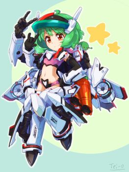 1girl \m/ ai-kun bikini boots chibi cosplay full_body green_hair highres macross macross_frontier mecha_musume midriff ranka_lee red_eyes seikan_hikou short_hair smile solo star_(symbol) swimsuit tei-o thigh_boots thighhighs vf-25 vf-25_(cosplay)