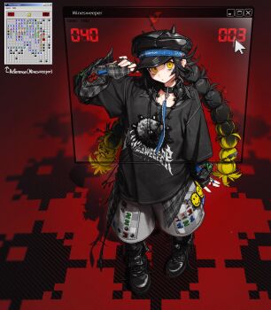 Rule 34 | 1girl, arm up, black background, black boots, black collar, black hair, black hat, blonde hair, boots, braid, clothes writing, collar, cursor, english text, explosive, full body, grey shorts, hat, highres, horned hat, jewelry, long hair, looking at viewer, mine (weapon), minesweeper, mini flag, multicolored hair, multiple rings, necklace, original, peaked cap, red background, red flag, reference inset, ring, rinotuna, shorts, solo, twin braids, two-tone background, two-tone hair, window (computing), yellow eyes