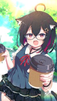 1girl :d ahoge animal_ear_fluff animal_ears black-framed_eyewear black_hair black_skirt black_thighhighs blue_vest blurry blurry_background blurry_foreground blush breasts cat_ears cat_girl cat_tail collared_shirt commission cup day depth_of_field disposable_cup fang fangs glasses hair_between_eyes hair_ornament highres holding holding_cup looking_at_viewer medium_breasts multicolored_hair neck_ribbon open_mouth original outdoors plaid_clothes plaid_skirt pleated_skirt purple_hair red_eyes red_hair red_ribbon ribbon semi-rimless_eyewear shiro9jira shirt short_sleeves skeb_commission skirt small_breasts smile solo sparkle star_(symbol) star_hair_ornament streaked_hair sweater_vest tail thighhighs tree two-tone_hair under-rim_eyewear unmoving_pattern vest white_shirt