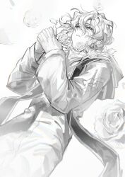 Rule 34 | 1boy, absurdres, chinese commentary, commentary request, flower, greyscale, hair between eyes, highres, long sleeves, male focus, monochrome, own hands together, parted lips, robe, rose, saibou shinkyoku, short hair, solo, stole, utsugi noriyuki, wavy hair, wotmyijingwuyuwuqiule