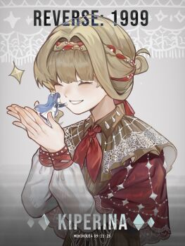 2girls ^_^ artist_name blonde_hair blue_hair braid braided_bangs brown_dress capelet character_name closed_eyes commentary dated dress grey_background grin hands_up highres holding holding_mini_person kiperina low_ponytail mini_person muhi_kou multiple_girls neckerchief ponytail red_capelet red_neckerchief reverse:1999 smile solo_focus sparkle upper_body voyager_(reverse:1999)