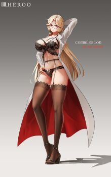 1girl absurdres arm_behind_head artist_name black_bra black_panties black_thighhighs blonde_hair bow bow_panties bra breasts cleavage closed_mouth collarbone commentary english_commentary english_text full_body garter_belt garter_straps glasses grey_background hand_on_own_hip highres large_breasts long_hair long_sleeves looking_at_viewer louu_heroo navel open_clothes open_robe original panties red_eyes robe simple_background smile solo standing thighhighs thighs underwear white_bow white_robe