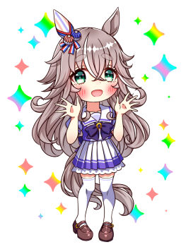 1girl animal_ears blush bow bowtie breasts chibi chibi_only collarbone commentary_request ear_bow ear_covers full_body green_eyes grey_hair hair_between_eyes highres horse_ears horse_girl horse_tail long_hair looking_at_viewer multicolored_hair open_mouth pleated_skirt puffy_short_sleeves puffy_sleeves purple_bow purple_bowtie purple_shirt sailor_collar sailor_shirt school_uniform shirt shoes short_sleeves single_ear_cover skirt smile solo streaked_hair sugimotty_nova tail thighhighs tracen_school_uniform umamusume white_sailor_collar white_skirt white_thighhighs wonder_acute_(umamusume) zettai_ryouiki