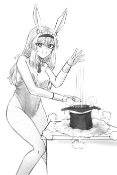 1girl absurdres anger_vein animal_ears arknights artist_name bare_shoulders breasts cardigan cleavage closed_mouth commentary detached_collar dr.kim english_commentary fake_animal_ears fishnets greyscale hair_ornament hairband hat highres long_hair monochrome playboy_bunny priestess_(arknights) rabbit_ears simple_background table top_hat