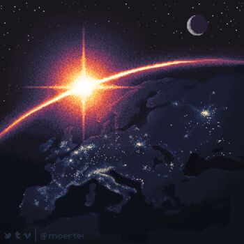 animated animated_gif artist_name continents earth_(planet) lens_flare looping_animation moertel moon no_humans original pixel_art planet scenery sky space star_(sky) starry_sky