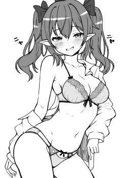 1girl blush bow bow_bra bow_panties bra breasts commentary_request cowboy_shot dress_shirt greyscale grin groin hair_bow half-closed_eyes hat highres himekaidou_hatate kamunika long_sleeves looking_at_viewer medium_breasts medium_hair monochrome navel no_pants open_clothes open_shirt panties partial_commentary pointy_ears shirt single_off_shoulder smile smirk solo standing textless_version touhou twintails underwear