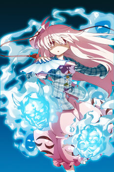 1girl ahoge akaneya blue_background bow bubble_skirt buttons collared_shirt expressionless female_focus folding_fan fox_mask full_body gradient_background hair_over_eyes hand_fan hata_no_kokoro jitome long_hair long_sleeves looking_at_viewer mask mask_on_head mouth_mask noh_mask oni_mask open_mouth pink_eyes pink_hair pink_skirt plaid_clothes plaid_shirt purple_bow shaded_face shirt skirt solo tengu_mask touhou very_long_hair