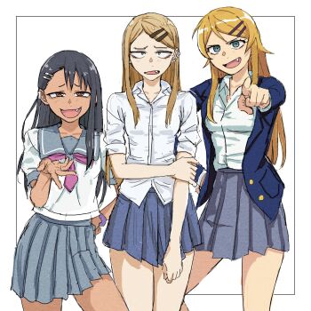 Rule 34 | 3girls, :d, black hair, blue eyes, blue jacket, blue sailor collar, blue skirt, brown eyes, constricted pupils, cosplay, costume switch, crossover, dagashi kashi, ear piercing, earrings, endou saya, fang, furrowed brow, grey skirt, hair ornament, hairclip, highres, ijiranaide nagatoro-san, jacket, jewelry, kousaka kirino, kousaka kirino's school uniform, long hair, multiple crossover, multiple girls, nagatoro hayase, neckerchief, open clothes, open jacket, open mouth, ore no imouto ga konna ni kawaii wake ga nai, parallel hairclips, piercing, pink neckerchief, pleated skirt, pointing, pointing at viewer, reiquant, sailor collar, school uniform, shirt, shirt tucked in, simple background, sketch, skirt, smile, stud earrings, thighs, trait connection, white background, white shirt, wing collar