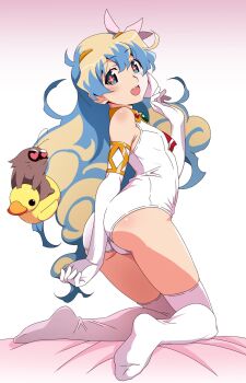 1girl animal blonde_hair blue_eyes blue_hair boota_(ttgl) breasts cross-shaped_pupils elbow_gloves gesugesu_ahoaho gloves hair_ornament highres long_hair looking_at_viewer multicolored_hair nia_teppelin one-piece_swimsuit rubber_duck school_swimsuit small_breasts smile solo swimsuit symbol-shaped_pupils tengen_toppa_gurren_lagann thighhighs two-tone_hair white_gloves white_one-piece_swimsuit white_thighhighs