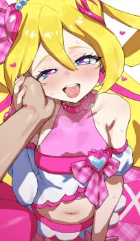 1boy 1girl bare_shoulders blonde_hair blue_eyes bow bow_choker breasts choker crop_top cure_idol detached_sleeves hair_between_eyes hair_ornament hair_ribbon hand_on_another&#039;s_cheek hand_on_another&#039;s_face hand_on_another&#039;s_hand heart heart-shaped_hair heart_hair_ornament heart_in_eye highres idol_heart_brooch_(precure) kimi_to_idol_precure long_hair looking_at_viewer magical_girl midriff mo_(boo1719501boo) multicolored_hair navel open_mouth pink_bow pink_choker pink_hair pink_ribbon pink_shirt pink_skirt plaid_ribbon pov pov_hands precure puffy_detached_sleeves puffy_sleeves ribbon sakura_uta_(precure) saliva saliva_trail shirt skirt small_breasts solo_focus speech_bubble spoken_heart streaked_hair symbol_in_eye teeth tongue tongue_out two-tone_hair upper_teeth_only white_sleeves