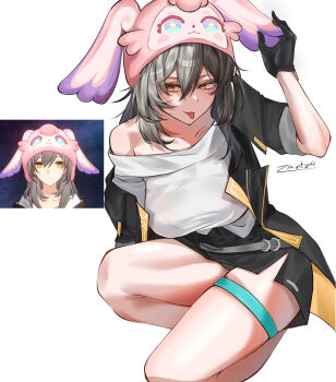 1girl adjusting_clothes adjusting_headwear animal_hat black_gloves black_jacket black_skirt breasts game_screenshot_inset gloves grey_hair hair_between_eyes hand_up hat highres honkai:_star_rail honkai_(series) jacket large_breasts long_hair looking_at_viewer mem_(honkai:_star_rail) pink_hat reference_inset shirt signature simple_background single_off_shoulder skirt solo squatting stelle_(honkai:_star_rail) thigh_strap tongue tongue_out trailblazer_(honkai:_star_rail) white_background white_shirt yellow_eyes zaint_(zaintz4)