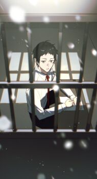 1boy absurdres adachi_tooru black_hair black_pants channel_0513 closed_mouth collared_shirt commentary_request grey_eyes highres holding holding_pencil iron_bars korean_commentary long_sleeves male_focus necktie pants paper pencil persona persona_4 red_necktie shirt short_hair sitting snowing solo table wing_collar