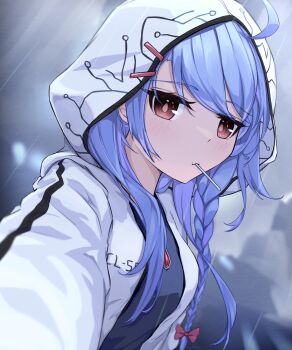 1girl absurdres alternate_costume arm_up azur_lane blue_hair blush bow braid breasts candy casual commentary english_commentary expressionless food hair_bow helena_(azur_lane) highres hood hood_up hoodie kyl490 light_frown lollipop long_hair looking_at_viewer medium_breasts outdoors rain reaching reaching_towards_viewer red_bow red_eyes single_braid solo upper_body very_long_hair white_hoodie